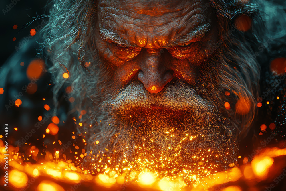 Poster a grumpy yet wise dwarf forging weapons in a fiery underground forge, surrounded by glowing molten m