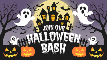 Spooky Halloween party invitation with haunted house, ghosts, pumpkins and bats. Perfect for social media, flyers and posters. 
