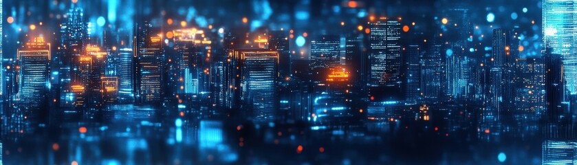 Obraz premium Futuristic digital cityscape with glowing neon lights and high-tech architecture, representing advanced technology and innovation.