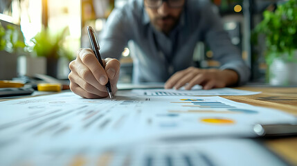 Businessman Analyzing Financial Data with Pen on Charts.