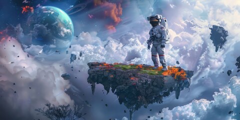 Fototapeta premium dreamscape with a floating island and a lone astronaut