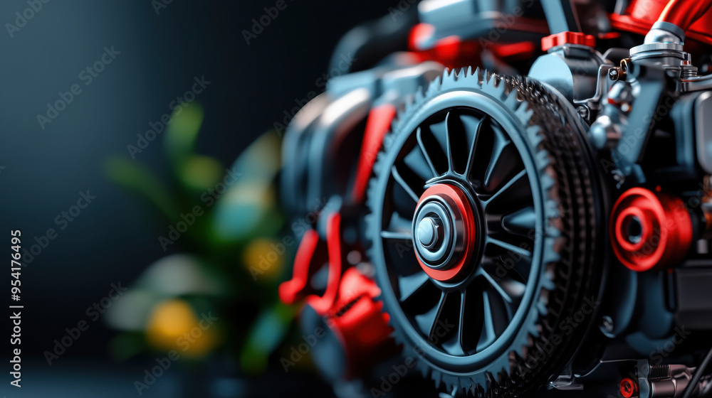Poster detailed view of an engine featuring red components, showcasing advanced engineering and modern auto