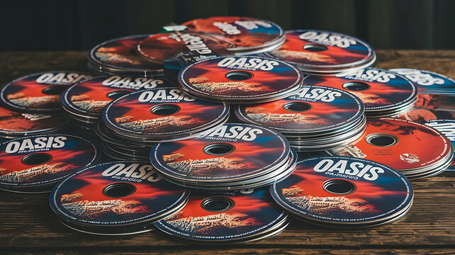 A stack of Oasis CDs on a wooden table, capturing the nostalgia of the 90s Britpop era. Perfect for music, nostalgia, or retro-themed projects. 
