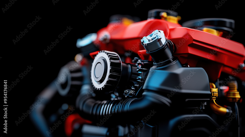 Poster close-up shot of red and black engine components, highlighting the intricate mechanical design and m