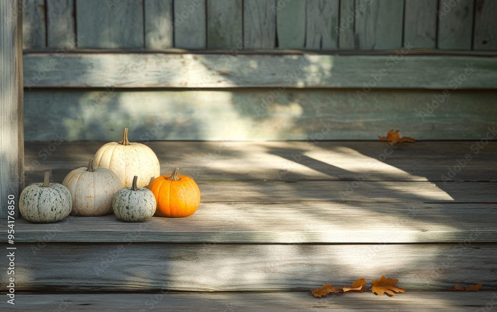 Poster a rustic porch with a few pumpkins of different sizes arranged neatly on a wooden step, soft sunligh