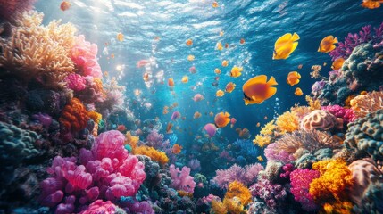 Vibrant 3D Underwater Coral Reef Scene with Playful Sea Creatures and Bubbles
