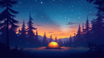 Obraz premium Tranquil Camping Retreat: Joyful Campsite in Enchanted Pine Forest under Starry Night Sky