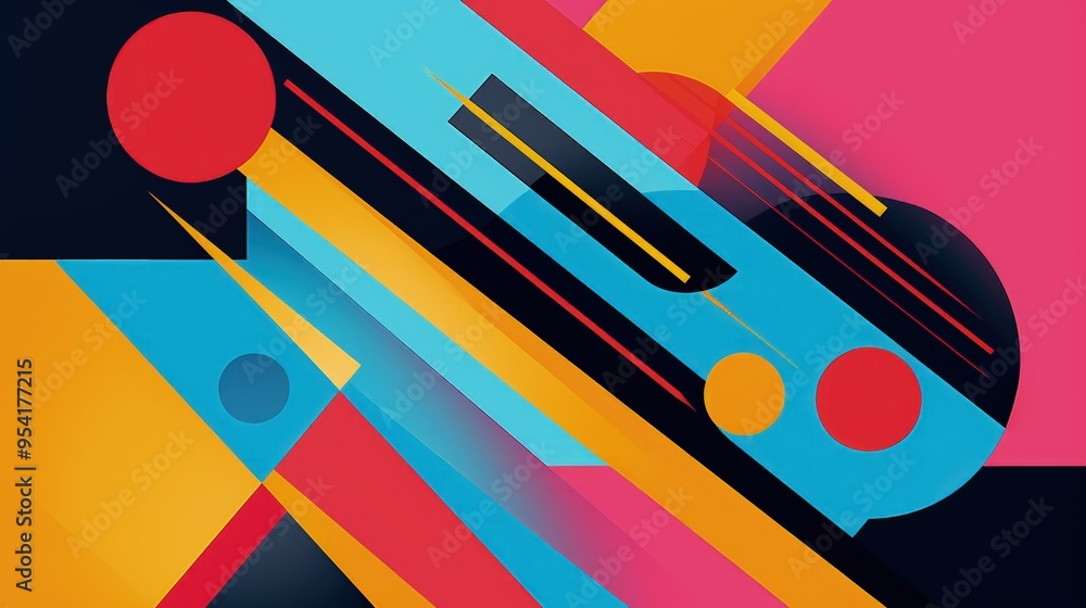 Poster a vibrant abstract composition featuring geometric shapes and dynamic lines in bold colors.