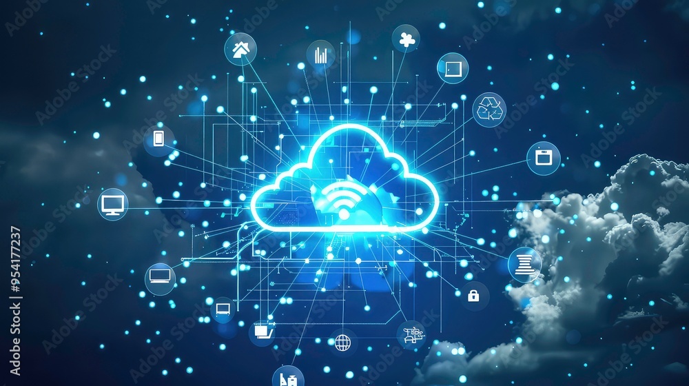 Canvas Prints digital cloud computing concept with icons, abstract glowing lines, and blue glow on dark background