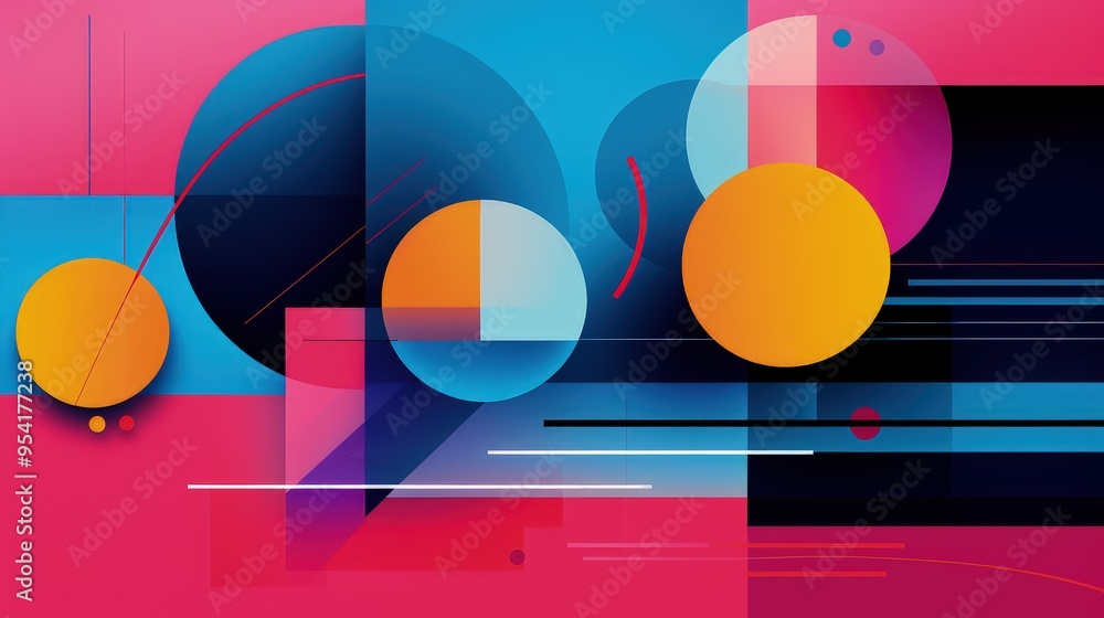 Poster a vibrant abstract composition featuring geometric shapes and a dynamic color palette.