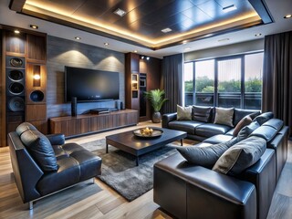 Modern living room with sleek black leather sofa, large screen TV, and state-of-the-art sound system, creating an