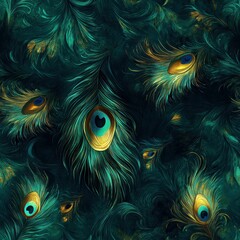 Elegant peacock feather pattern with iridescent hues on a dark emerald background