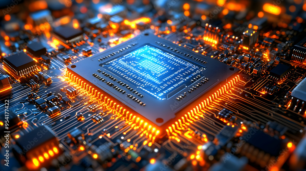 Poster close up of a glowing microchip on a circuit board.