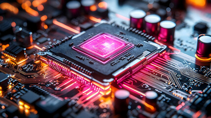 Close up of a glowing CPU on a motherboard.