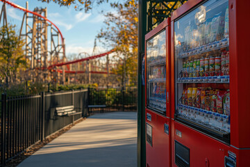 A red vending machine with a sign that says drink here sits on a sidewalk next