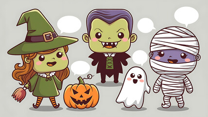 Cute cartoon Halloween characters in costumes perfect for festive designs and social media posts 
