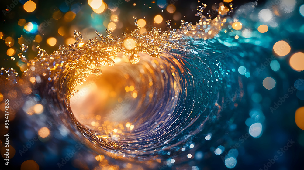 Poster close up of a wave crashing with an abstract blur of golden lights behind it.