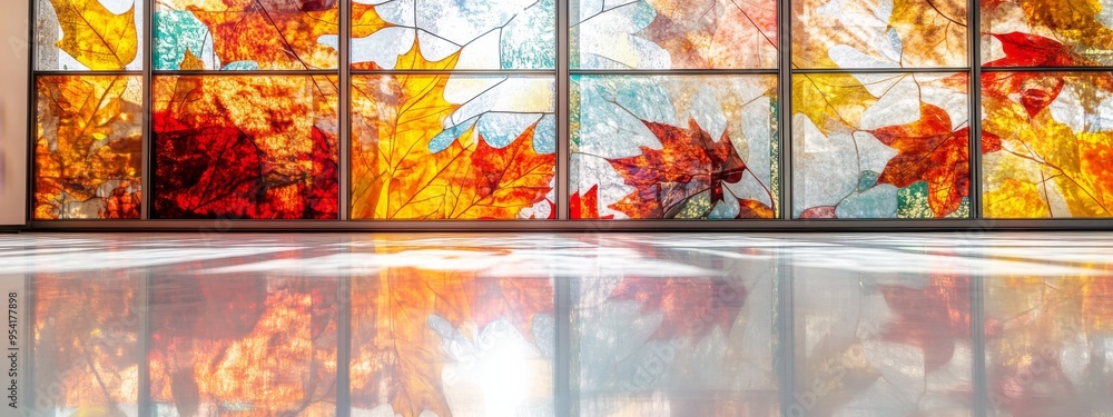 Poster a large stained glass window with autumn leaf patterns, soft light passing through and creating colo