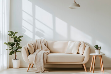 Sala de estar minimalista con un sofá beige, una planta de interior y una suave luz natural que entra por los grandes ventanales.