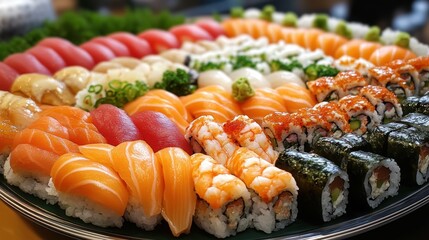 Diverse Japanese Sushi Platter Featuring Fresh Nigiri and Vibrant Maki Rolls