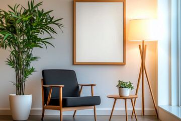 Fototapeta premium Contemporary living room with black armchair and indoor greenery.