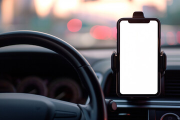 Modern smartphone device gadget mounted on phone holder at car dashboard.
