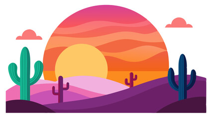 Vector Illustration of Desert Landscape with Vibrant Sunset and Cacti