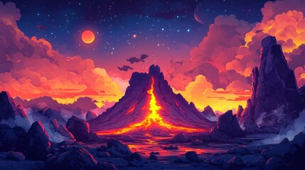 Playful Volcano Landscape: Cheerful Lava and Astonished Rocks in Vibrant Colors Contrast