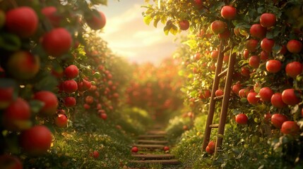 Whimsical Apple Orchard Wonderland with Anthropomorphic Fruit and Ladders in Vibrant Autumn Colors