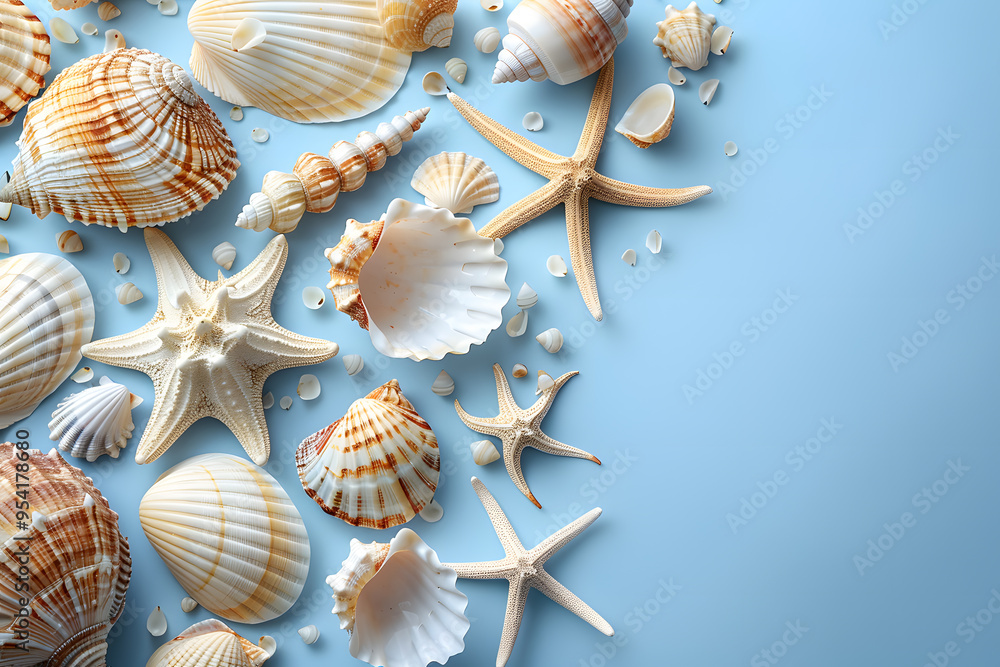 Poster Beautiful Sea Shells on Light Blue Background | Coastal Decor and Nature-Inspired Aesthetic