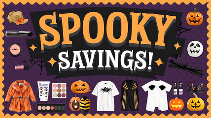 A vibrant orange and black Halloween themed collage with spooky savings for your next marketing campaign 
