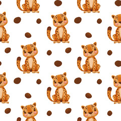 Seamless safari pattern with cheetah on a white background. Watercolor drawing for printing on wrapping paper, fabric, cards, clothing. Cute baby background.