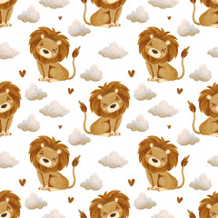 Seamless pattern with lion cub and clouds on a white background. Watercolor drawing for printing on wrapping paper, fabric, cards, clothing. Cute baby background