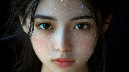 Close up portrait of a young woman with a glowing constellation pattern on her face.