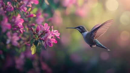 Hummingbird in Flight with Pink Flowers