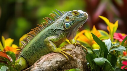 Fototapeta premium Green Iguana on a Rock in a Lush Garden