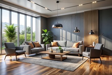 Modern minimalist living room interior rendering features sleek gray walls, polished wooden floors, and sleek furniture