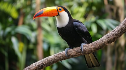 Fototapeta premium A toucan bird is perched on a branch in a lush green forest. The bird is a toucan, with a large beak and bright yellow feathers. The scene is serene and peaceful