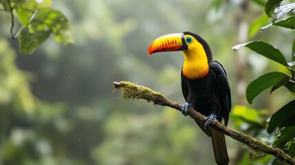 Fototapeta premium A toucan bird is perched on a branch in a lush green forest. The bird is a toucan, with a large beak and bright yellow feathers. The scene is serene and peaceful
