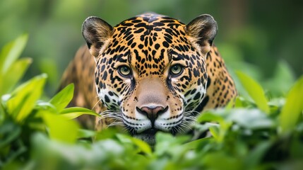 Obraz premium A jaguar is looking at the camera in a lush green forest. Concept of wildness and untamed nature, as the jaguar stands in the midst of the dense foliage