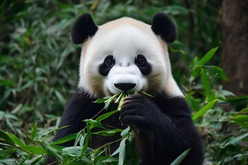Fototapeta premium A panda bear is eating leaves from a tree. The bear is black and white and has a curious expression on its face