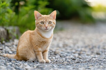 An adorable orange tabby cat sits peacefully on a gravel path, surrounded by greenery in a serene environment.