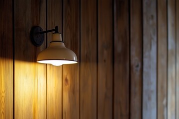 A stylish wall-mounted lamp casts a warm, inviting light over a rustic wooden wall, creating a cozy atmosphere.