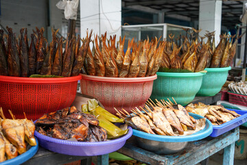 Smoked and salted fish sold at the traditional fish market. Smoking and salting are natural preservation methods without chemicals. Tuban, East Java, Indonesia. 