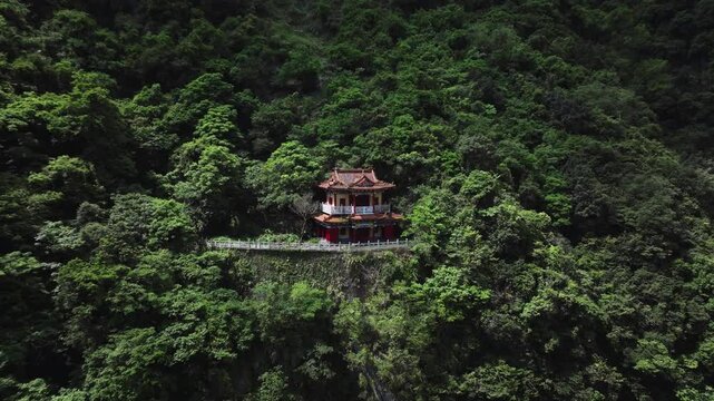 A Small Temple High In The Mountains Of Taiwan, Taroko National Park, Aerial View