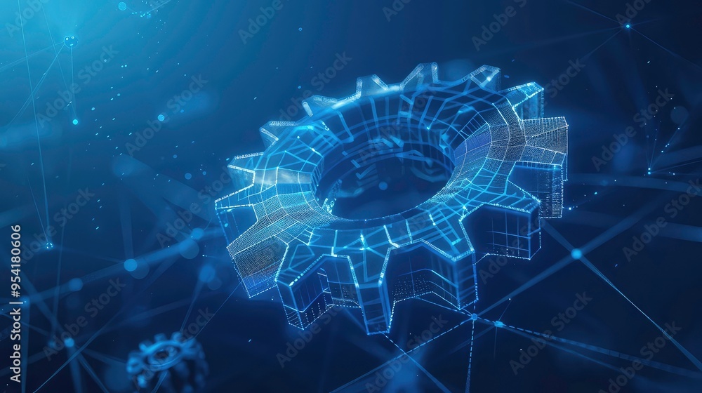 Canvas Prints abstract digital gear with glowing lines and particles on dark blue background.