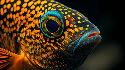 Fototapeta premium Close-up of a colorful fish with a black and yellow spotted pattern.