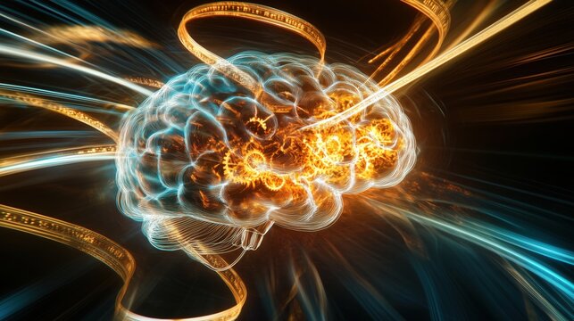 A brain with a yellow and orange glow surrounding it. The brain is surrounded by a spiral of blue and orange