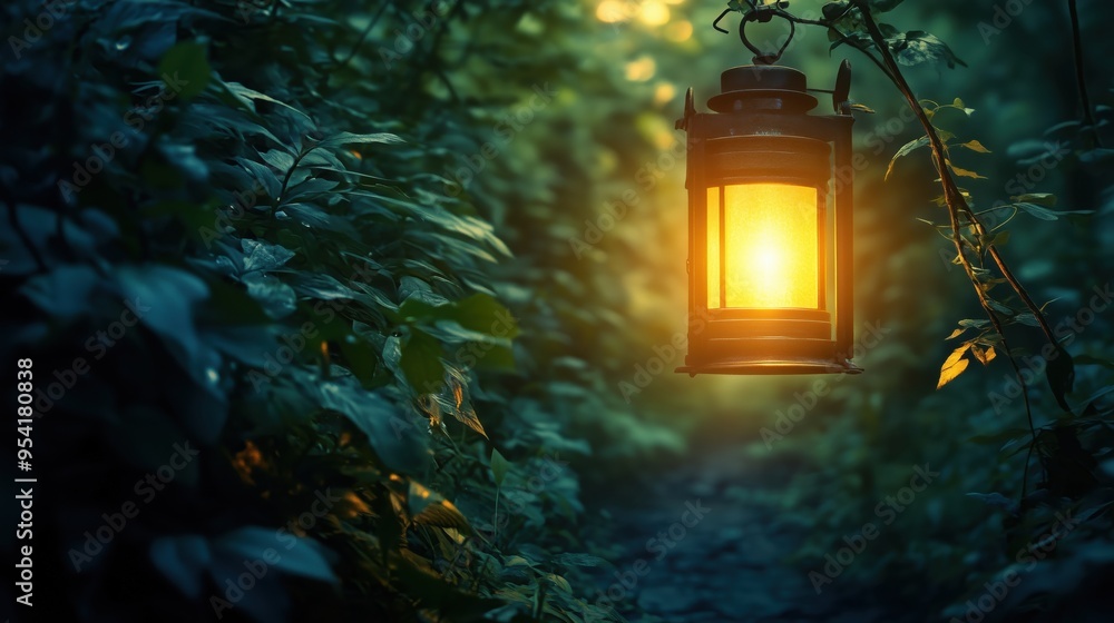 Poster a lantern is lit in a forest. the lantern is yellow and is hanging from a tree branch. the lantern i