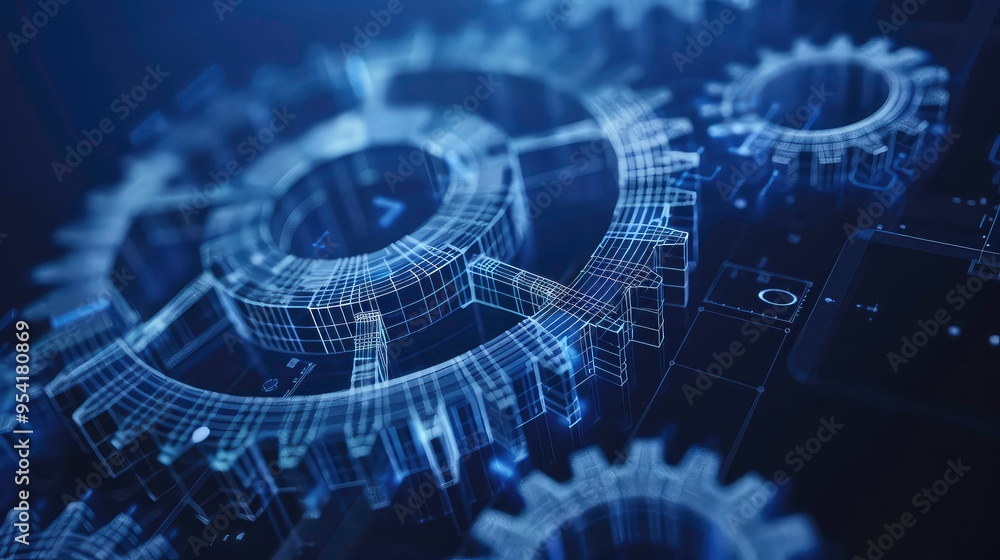 Fototapete abstract 3d rendering of a close-up of gears in blue light with a dark background.
